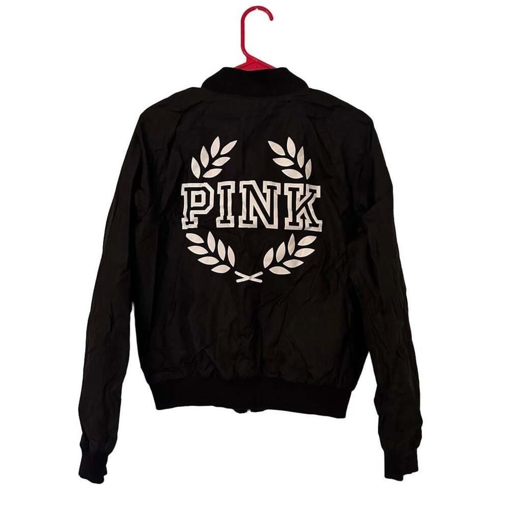 Victoria's Secret PINK Black Bomber Jacket with Logo Wreath Back Size Small